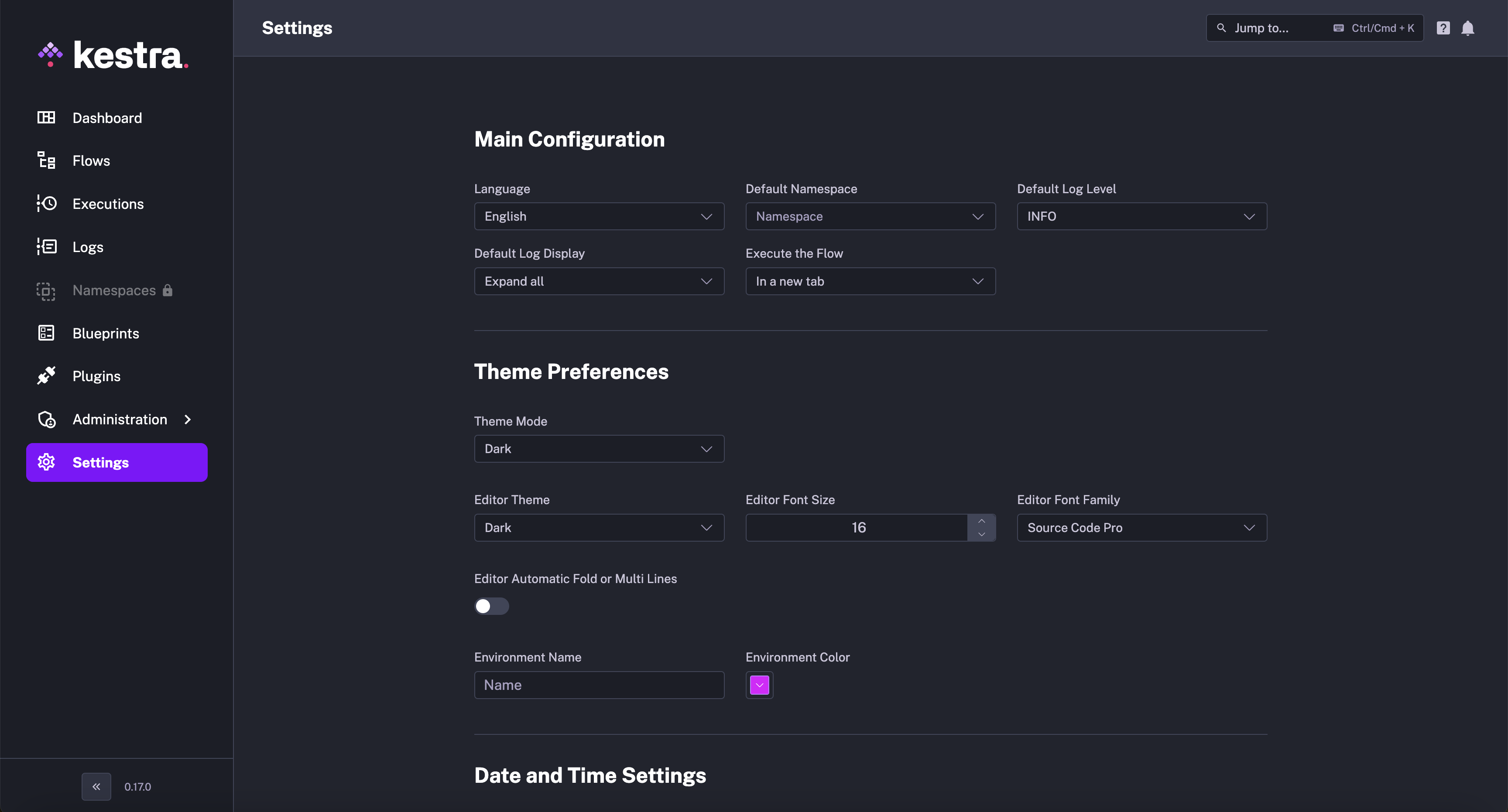 Kestra User Interface Settings Page